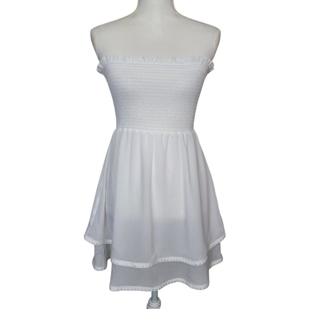 Ramy Brook Sheer White Strapless Mini Dress Smocked Embroidered Hem Sz Small NWT